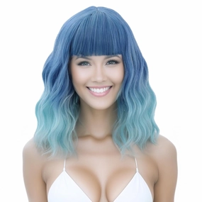 incohair Blue Ombre Wigs for Women 14 Inches Short Blue Wavy Wig With Bangs Short Wigs for Cosplay Party Daily Wigs Wig Cap Included
