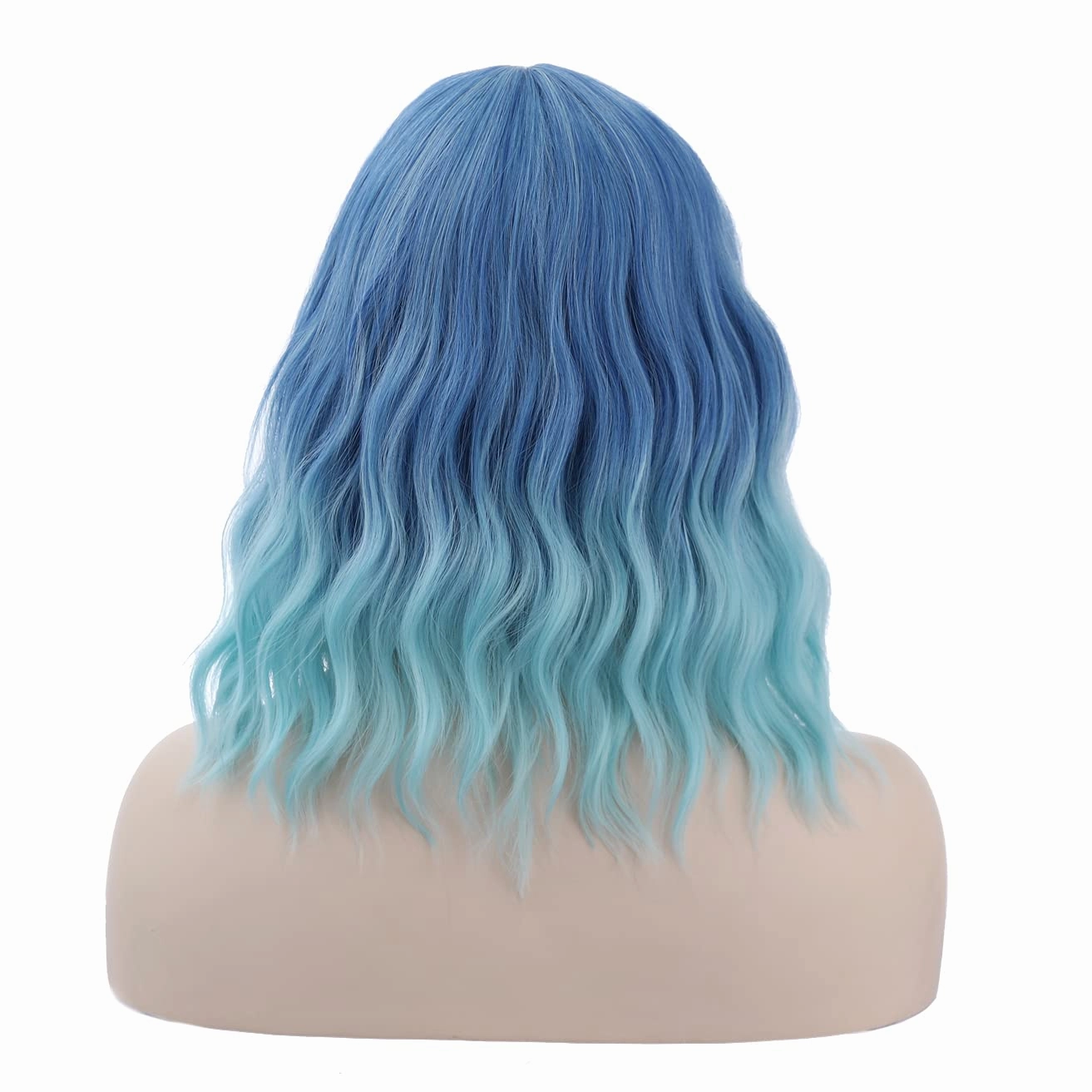 incohair Blue Ombre Wigs for Women 14 Inches Short Blue Wavy Wig With Bangs Short Wigs for Cosplay Party Daily Wigs Wig Cap Included