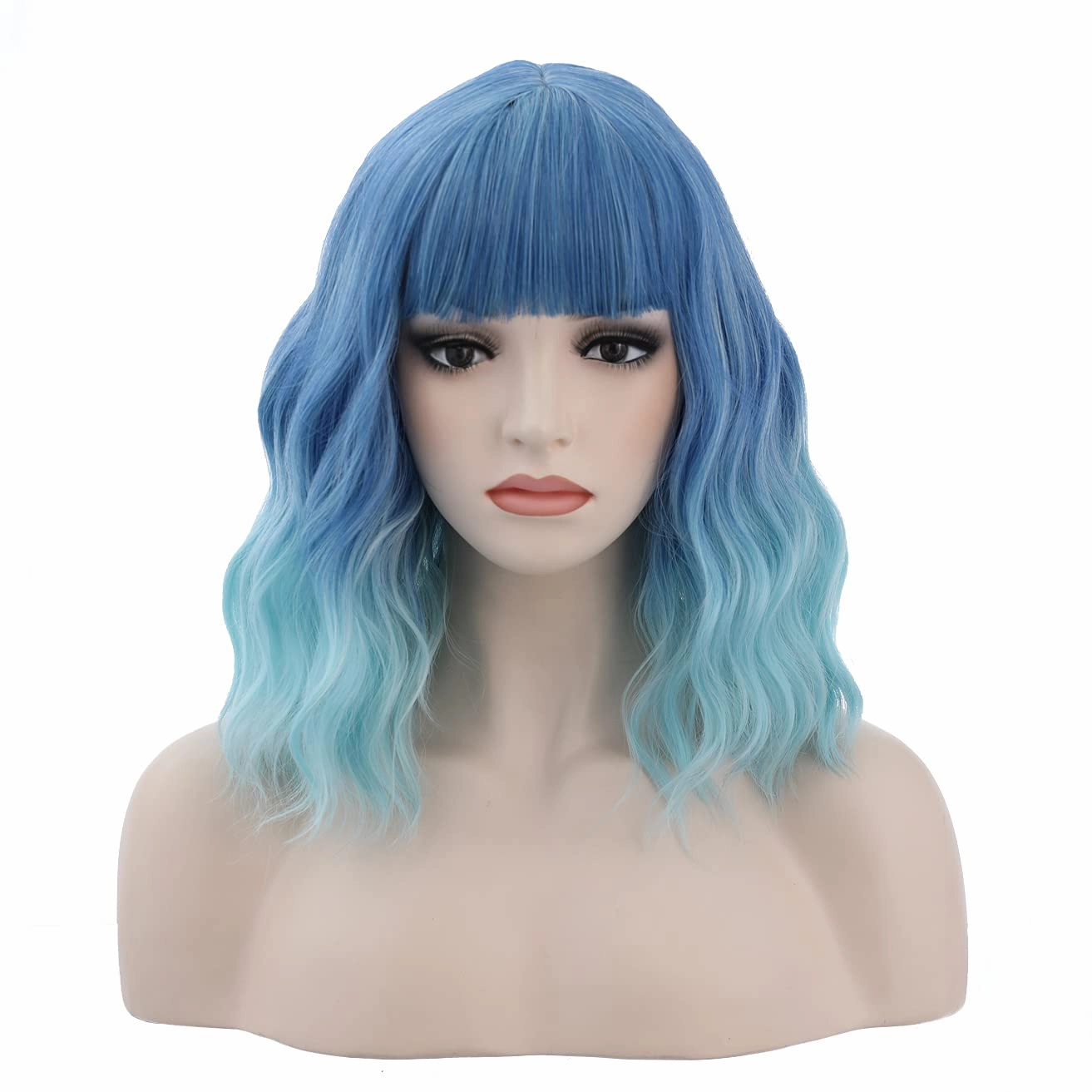 incohair Blue Ombre Wigs for Women 14 Inches Short Blue Wavy Wig With Bangs Short Wigs for Cosplay Party Daily Wigs Wig Cap Included