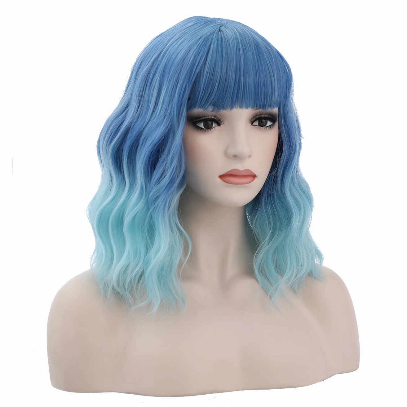 incohair Blue Ombre Wigs for Women 14 Inches Short Blue Wavy Wig With Bangs Short Wigs for Cosplay Party Daily Wigs Wig Cap Included