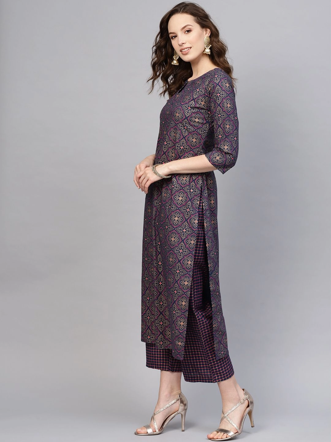 Indo Era Midnight Blue Foil Print Persian Mandala Pure Cotton Kurta Set