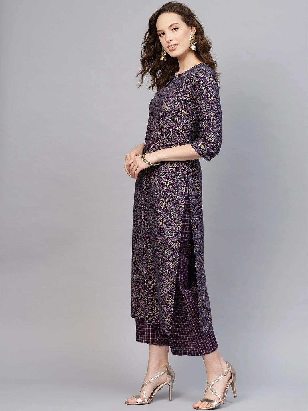 Indo Era Midnight Blue Foil Print Persian Mandala Pure Cotton Kurta Set