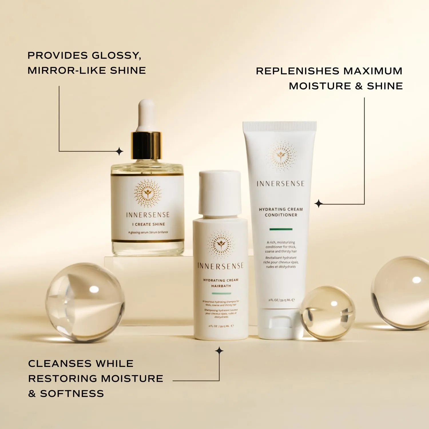 INNERSENSE Organic Beauty - Hydrate & Shine Set | I Create Shine, Hydrating Cream Hairbath, Hydrating Cream Conditioner | Non-Toxic, Cruelty-Free, Clean Haircare (3 piece set)