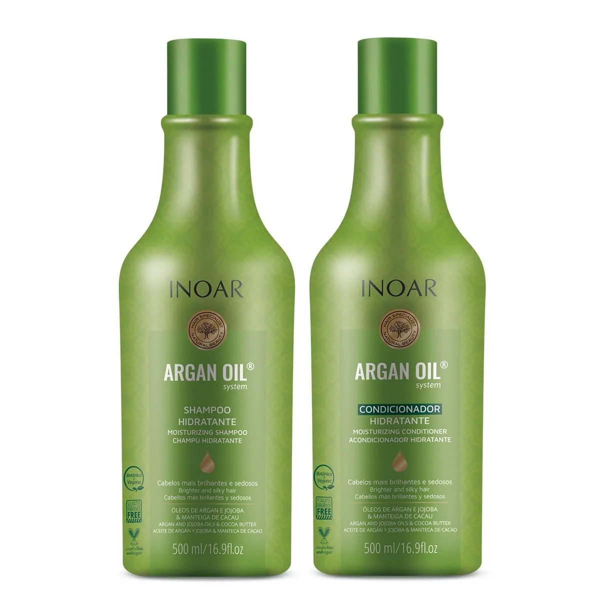 Inoar Argan Shampoo & Moisturizing Conditioner Haircare Set with Argan Oil & Cocoa Butter for Smoothing Repair, 2 x 16.9 Fl Oz