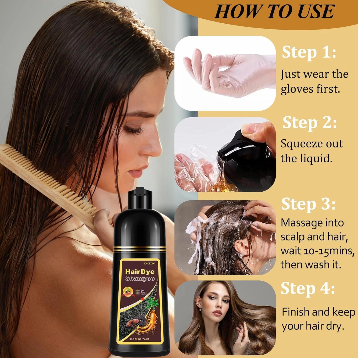 Instant Cherry Brown Hair Dye Shampoo for Gray Hair 3 in 1, Natural Hair Color Shampoo for Women Men Brown Colors in 10-15 mins, 100% Coverage Herbal Ingredients Hair Dye 16.10 Fl Oz (Cherry brown)