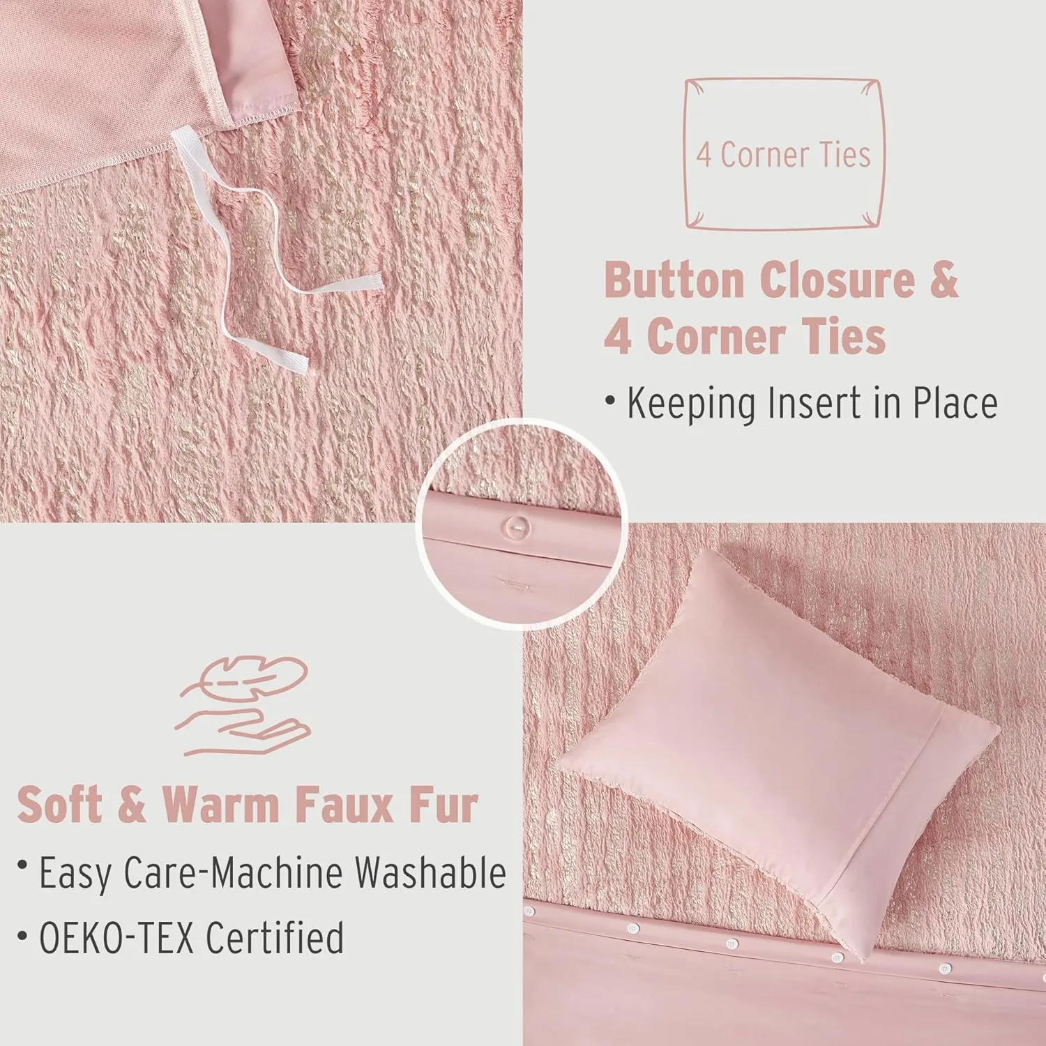 Intelligent Design Full Duvet Cover Set, Faux Fur Duvet Cover Set, Trendy Metallic Duvet Covers, All Season Soft Microfiber Bedding Cover, Matching Sham, Naomi, Full/Queen, Blush/Gold 3 Piece