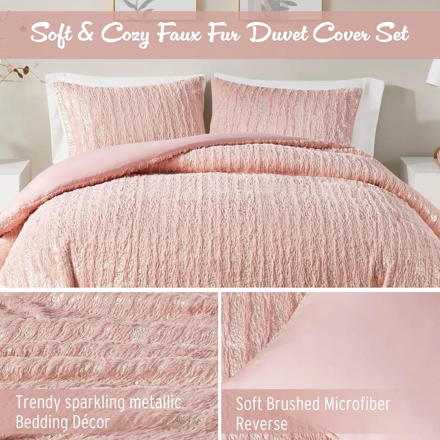 Intelligent Design Full Duvet Cover Set, Faux Fur Duvet Cover Set, Trendy Metallic Duvet Covers, All Season Soft Microfiber Bedding Cover, Matching Sham, Naomi, Full/Queen, Blush/Gold 3 Piece