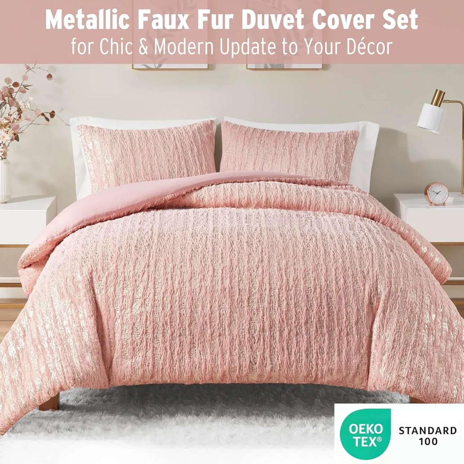 Intelligent Design Full Duvet Cover Set, Faux Fur Duvet Cover Set, Trendy Metallic Duvet Covers, All Season Soft Microfiber Bedding Cover, Matching Sham, Naomi, Full/Queen, Blush/Gold 3 Piece