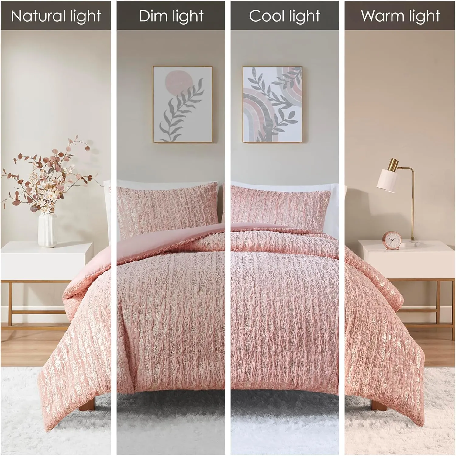 Intelligent Design Full Duvet Cover Set, Faux Fur Duvet Cover Set, Trendy Metallic Duvet Covers, All Season Soft Microfiber Bedding Cover, Matching Sham, Naomi, Full/Queen, Blush/Gold 3 Piece