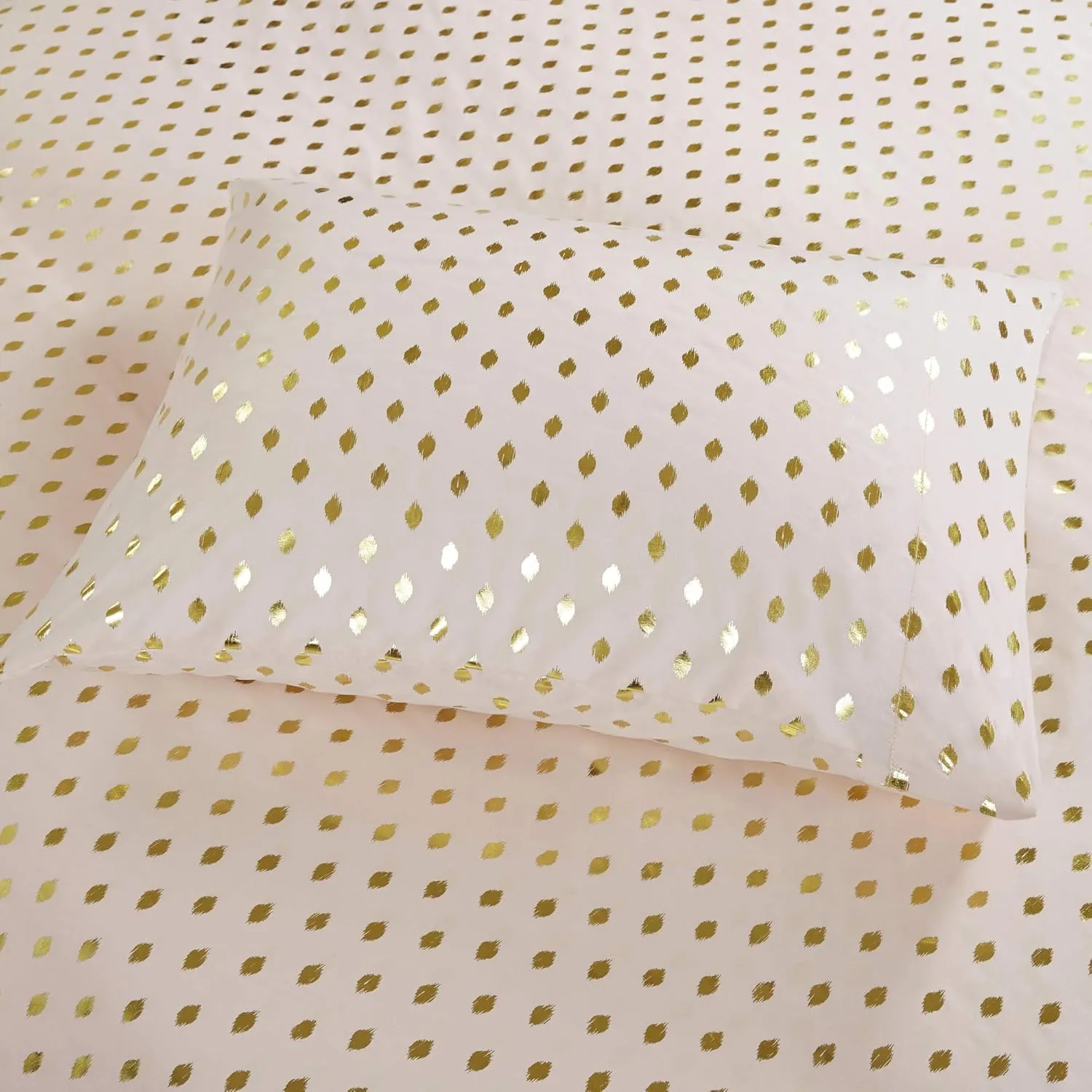 Intelligent Design Microfiber Cozy Bed Sheet Set, Modern All Season Bedding & Pillowcases, Premium 14" Elastic Pocket Fits up to 16" Mattress, Full Blush/Gold Metallic Dot 4 Piece