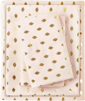 Intelligent Design Microfiber Cozy Bed Sheet Set, Modern All Season Bedding & Pillowcases, Premium 14" Elastic Pocket Fits up to 16" Mattress, Queen Blush/Gold Metallic Dot 4 Piece