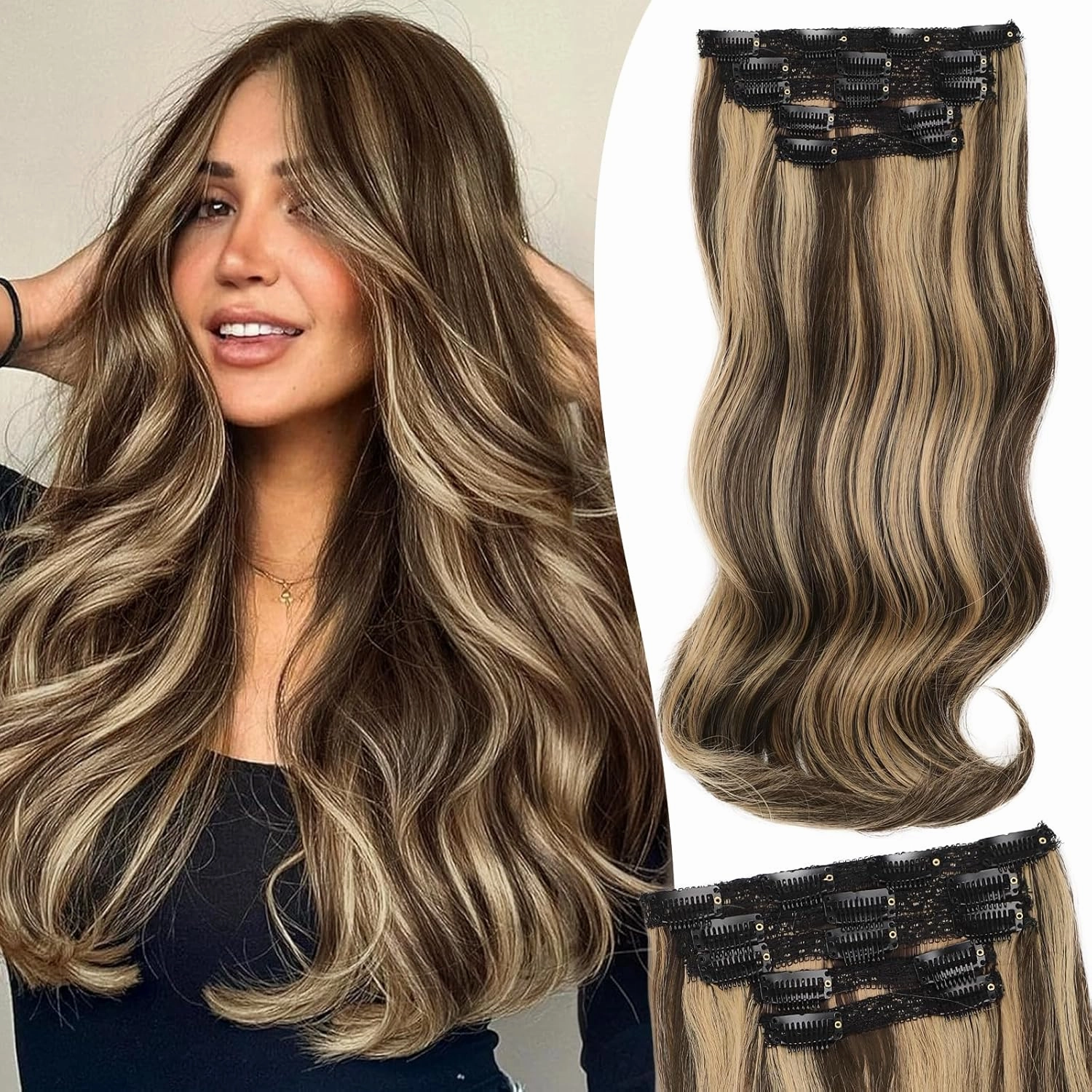 Isaic 16 Inch Brown Mix Blonde Synthetic Clip in Hair Extensions for Women Layered Straight Wavy Hair Extensions Easy to Use Adds Natural Volume and Length Perfect for Daily Wear