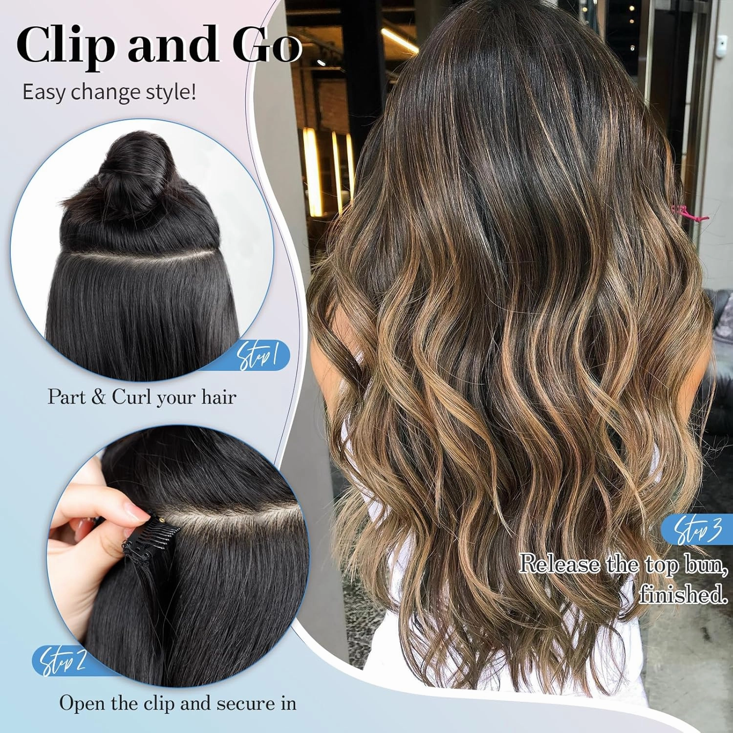 Isaic 16 Inch Brown Mix Blonde Synthetic Clip in Hair Extensions for Women Layered Straight Wavy Hair Extensions Easy to Use Adds Natural Volume and Length Perfect for Daily Wear