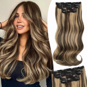 Isaic 16 Inch Brown Mix Blonde Synthetic Clip in Hair Extensions for Women Layered Straight Wavy Hair Extensions Easy to Use Adds Natural Volume and Length Perfect for Daily Wear