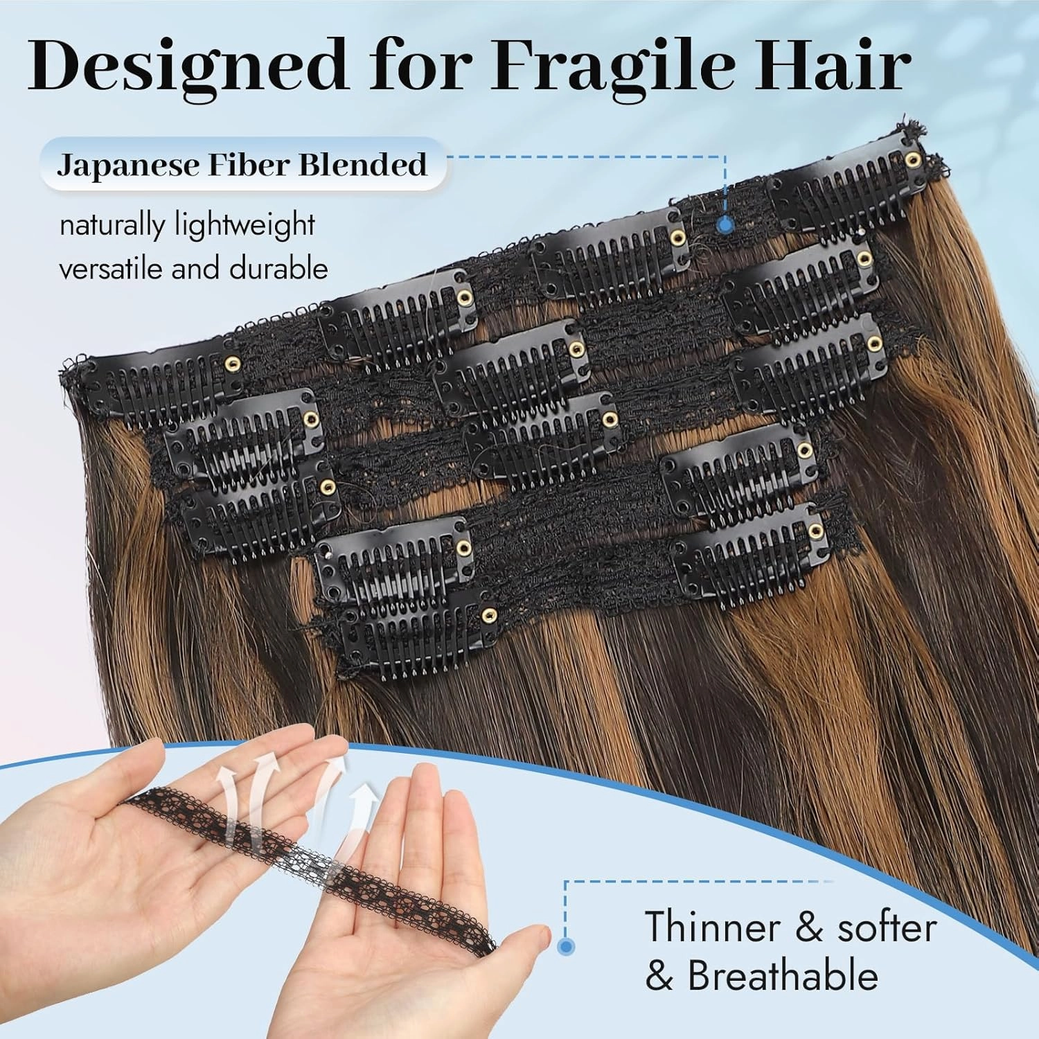Isaic Clip in Hair Extensions,Balayage Dark Brown to Chestnut Synthetic Hairpieces for Women 16 Inch Layered Wavy Hair Extensions Natural Volume and Length for Daily Wear