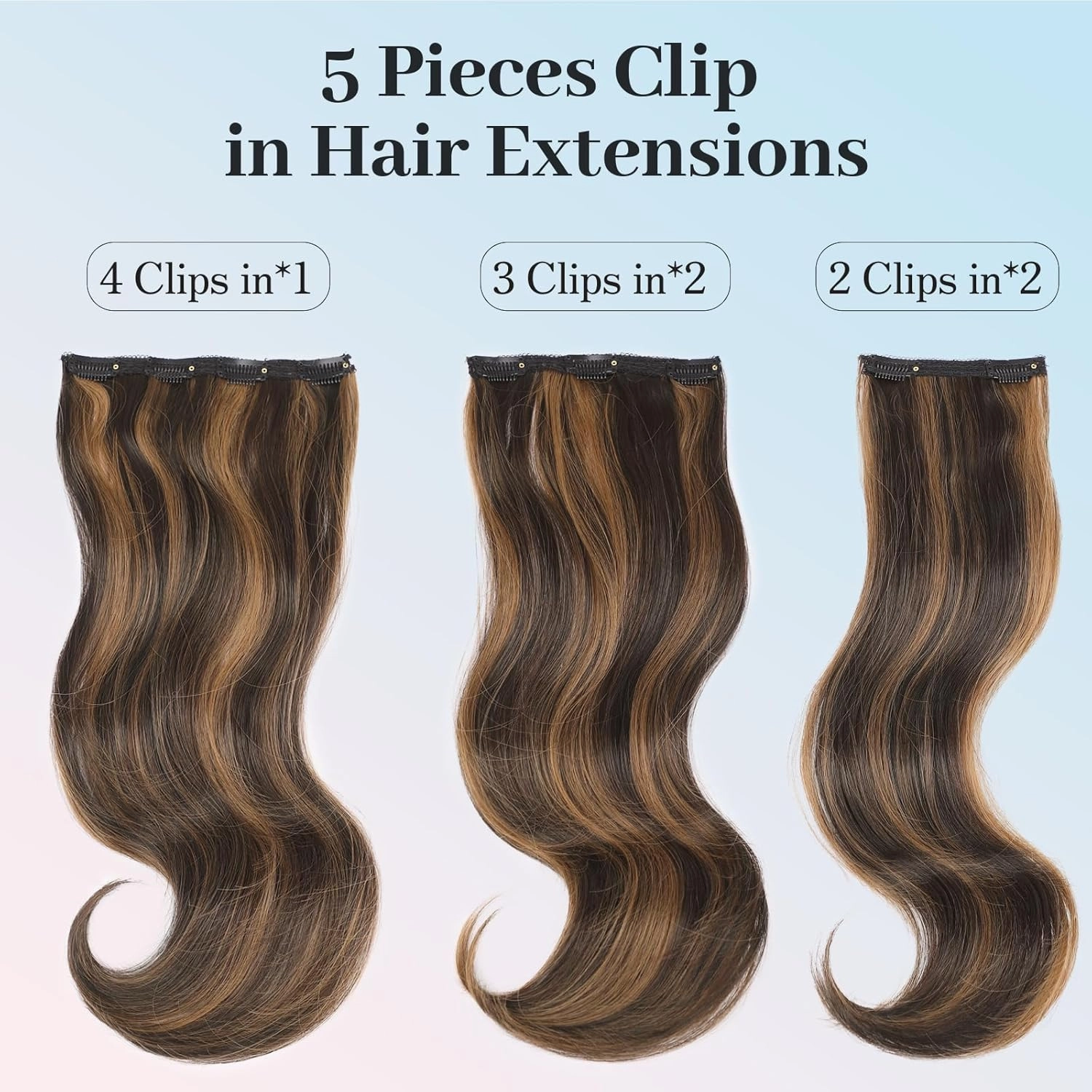 Isaic Clip in Hair Extensions,Balayage Dark Brown to Chestnut Synthetic Hairpieces for Women 16 Inch Layered Wavy Hair Extensions Natural Volume and Length for Daily Wear