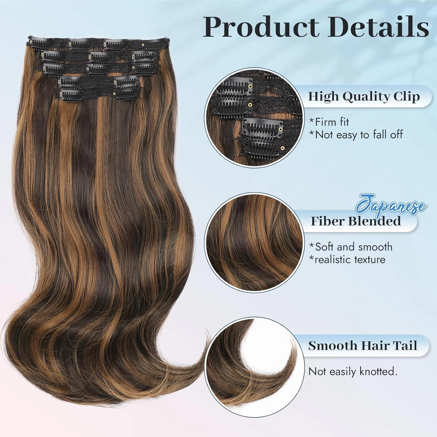 Isaic Clip in Hair Extensions,Balayage Dark Brown to Chestnut Synthetic Hairpieces for Women 16 Inch Layered Wavy Hair Extensions Natural Volume and Length for Daily Wear