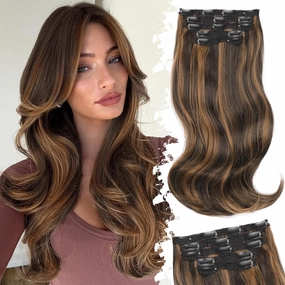 Isaic Clip in Hair Extensions,Balayage Dark Brown to Chestnut Synthetic Hairpieces for Women 16 Inch Layered Wavy Hair Extensions Natural Volume and Length for Daily Wear