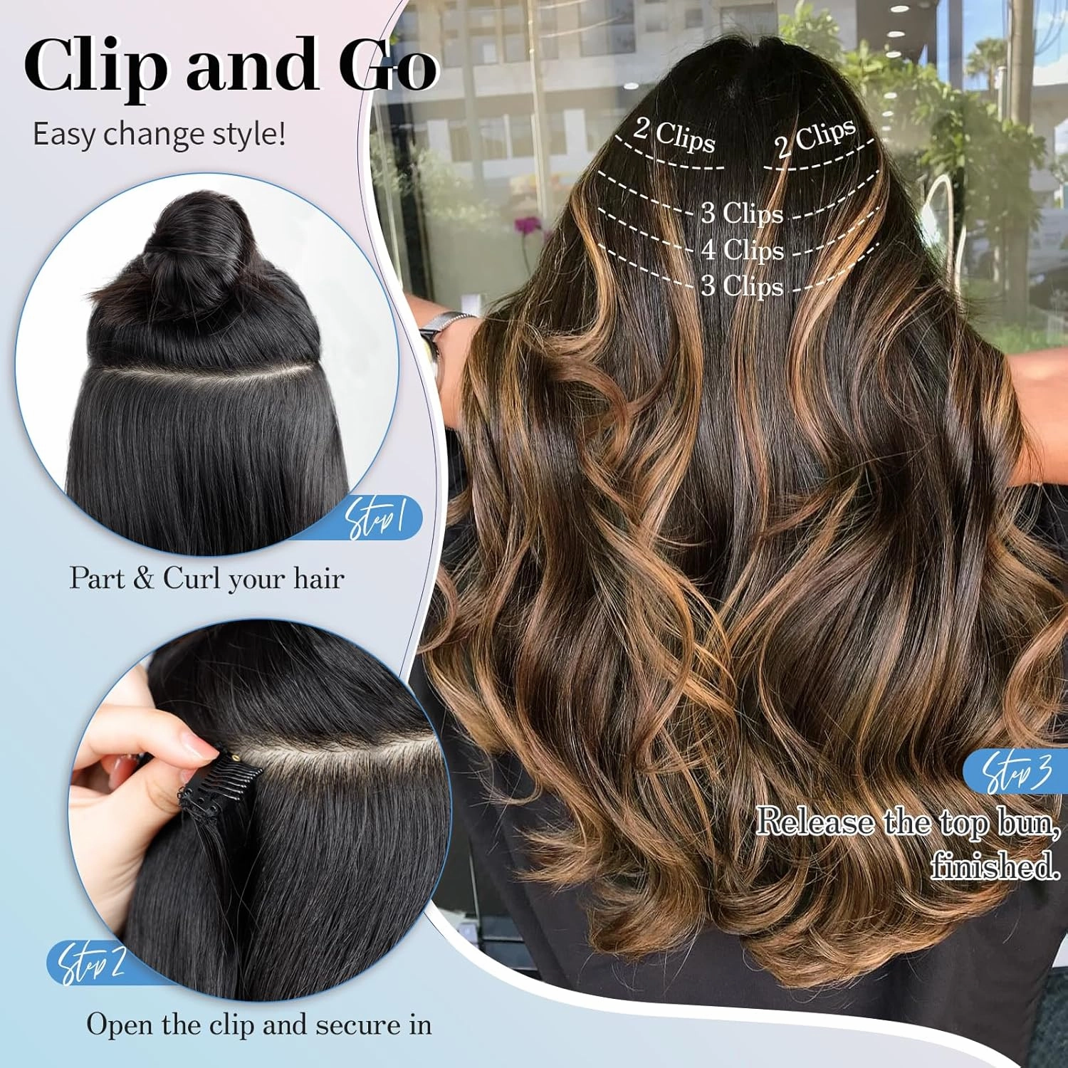 Isaic Clip in Hair Extensions,Balayage Dark Brown to Chestnut Synthetic Hairpieces for Women 16 Inch Layered Wavy Hair Extensions Natural Volume and Length for Daily Wear