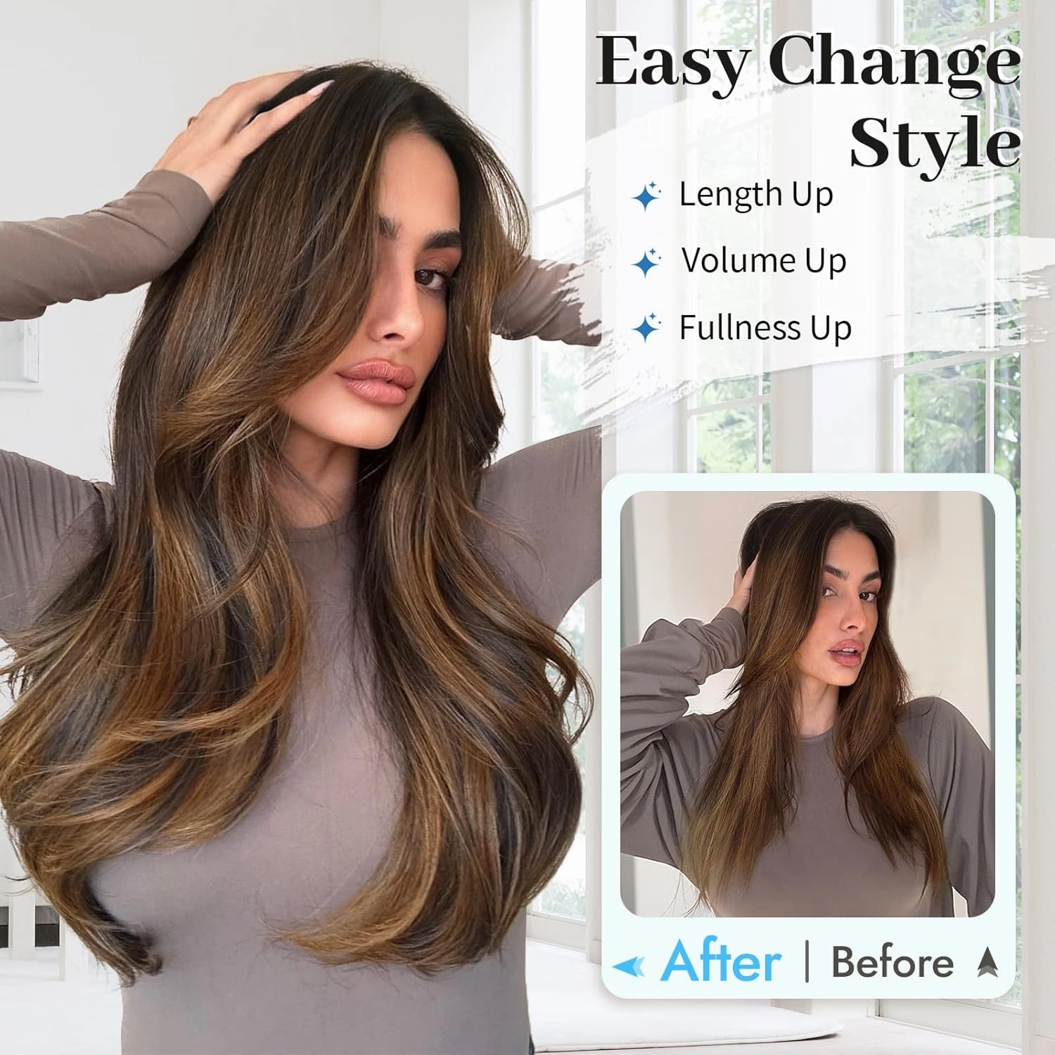 Isaic Clip in Hair Extensions,Balayage Dark Brown to Chestnut Synthetic Hairpieces for Women 16 Inch Layered Wavy Hair Extensions Natural Volume and Length for Daily Wear