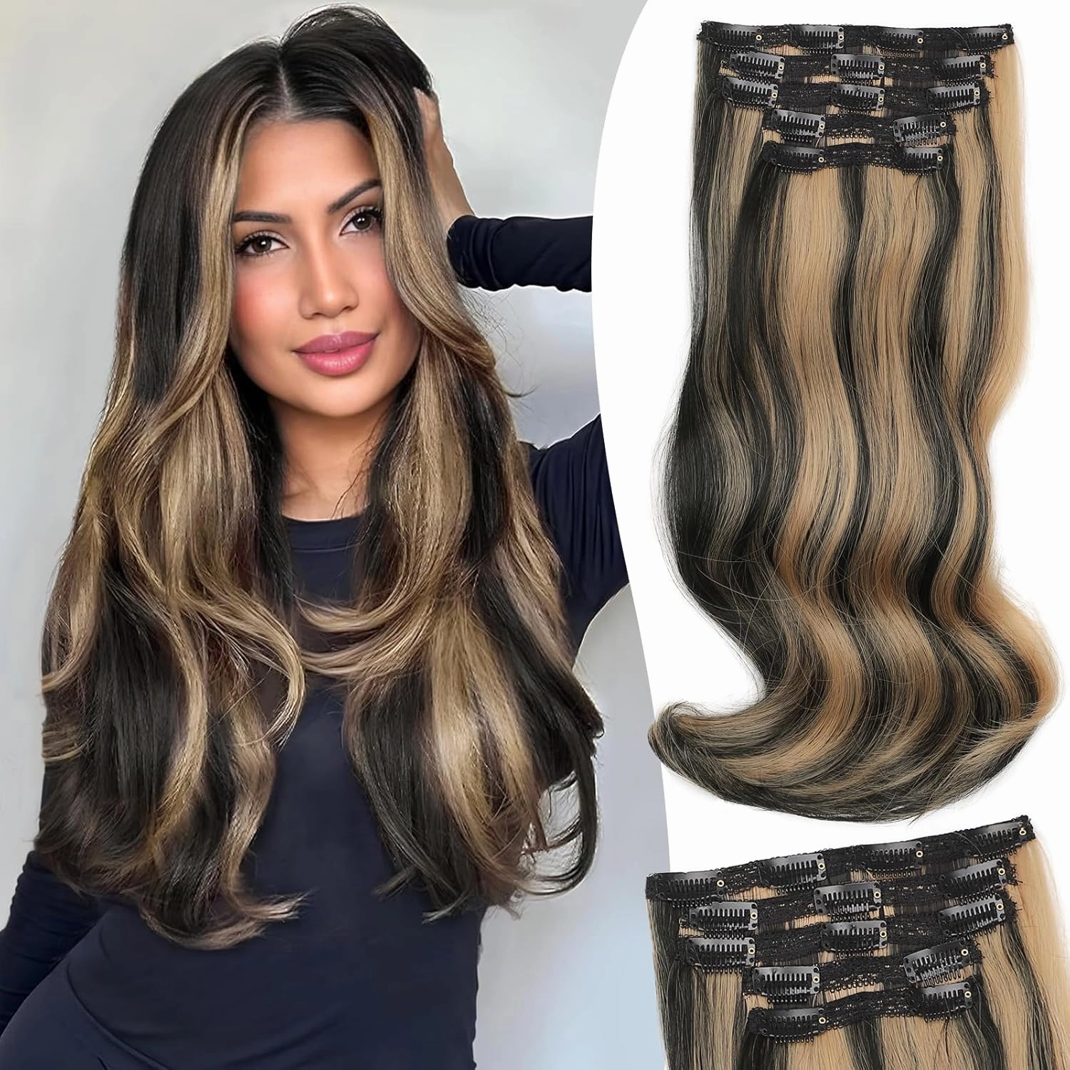 Isaic Clip in Hair Extensions Black Mix Blonde Synthetic Hairpieces Clip Ins for Women 16 Inch Layered Wavy Hair Extensions Natural Volume and Length for Daily Wear
