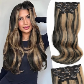 Isaic Clip in Hair Extensions Black Mix Blonde Synthetic Hairpieces Clip Ins for Women 16 Inch Layered Wavy Hair Extensions Natural Volume and Length for Daily Wear