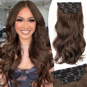 Isaic Clip in Synthetic Hair Extensions Layered Long Wavy 5PCS Thick Hairpieces Balayage Dark Brown to Ash Brown Synthetic Double Weft Natural Hair Extensions 16 Inch for Women