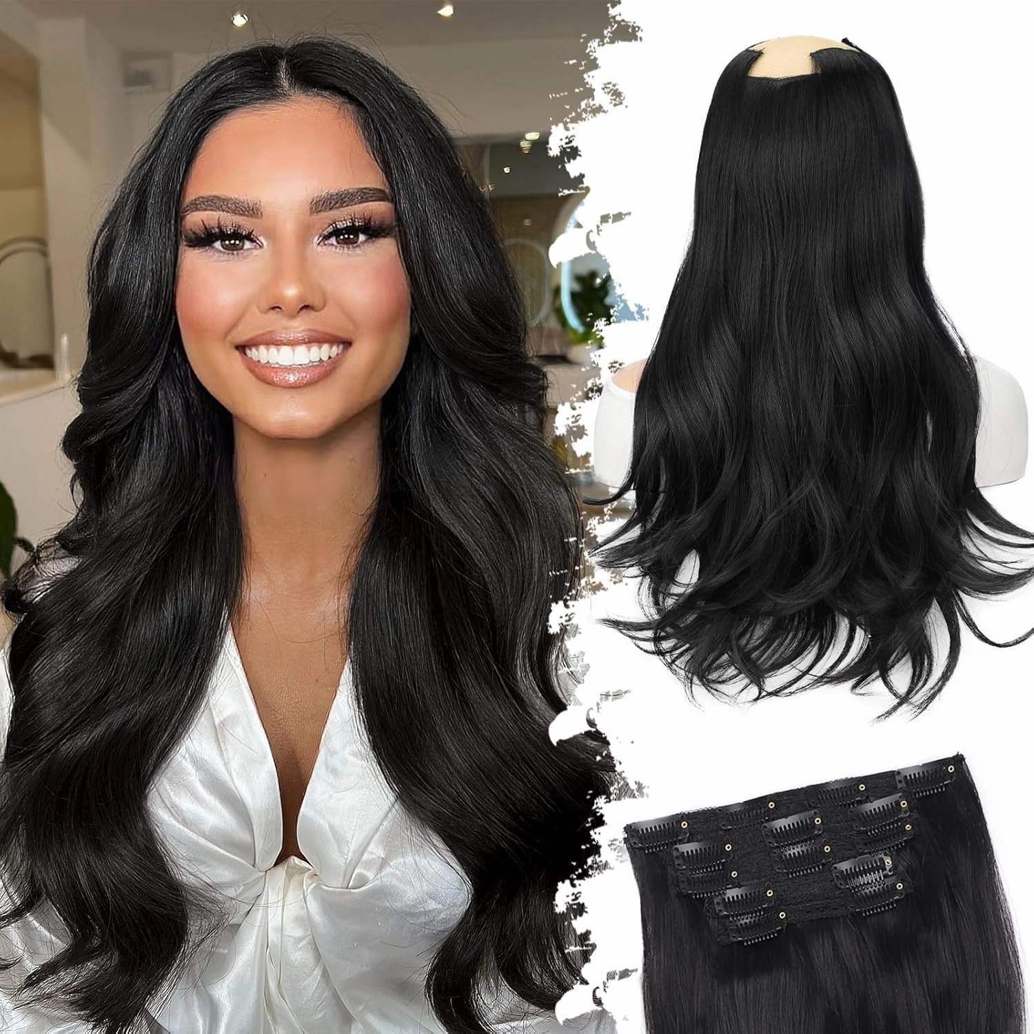 Isaic Clip in Synthetic Hair Extensions Layered Long Wavy 5PCS Thick Hairpieces Black Synthetic Double Weft Natural Hair Extensions 16 Inch for Women