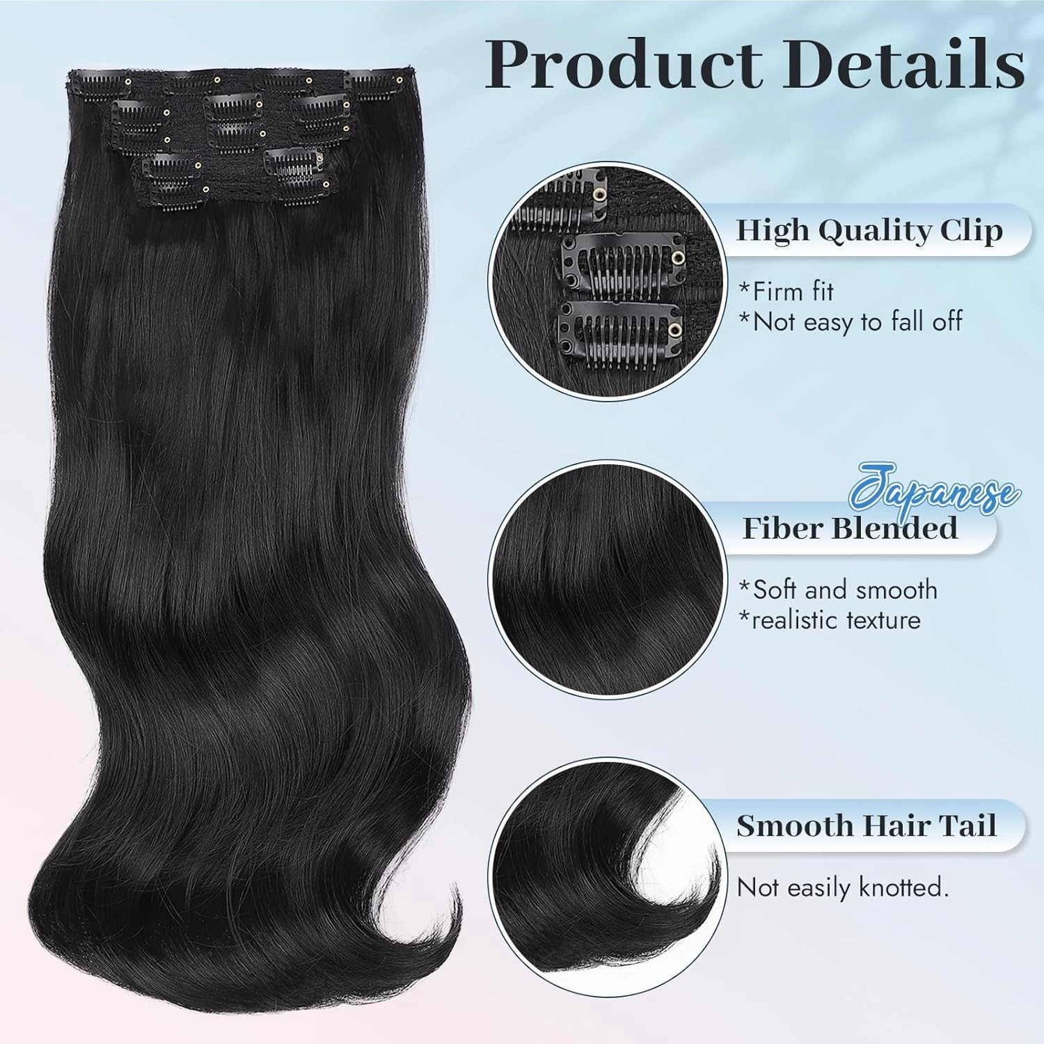 Isaic Clip in Synthetic Hair Extensions Layered Long Wavy 5PCS Thick Hairpieces Black Synthetic Double Weft Natural Hair Extensions 16 Inch for Women