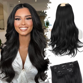 Isaic Clip in Synthetic Hair Extensions Layered Long Wavy 5PCS Thick Hairpieces Black Synthetic Double Weft Natural Hair Extensions 16 Inch for Women