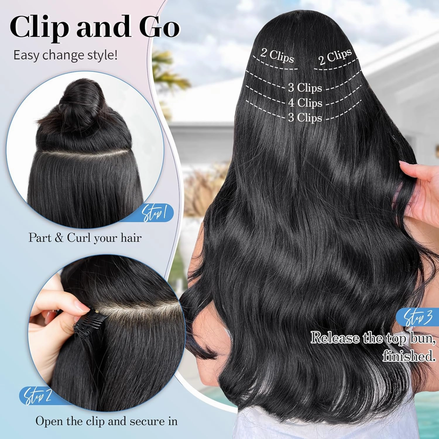 Isaic Clip in Synthetic Hair Extensions Layered Long Wavy 5PCS Thick Hairpieces Black Synthetic Double Weft Natural Hair Extensions 16 Inch for Women