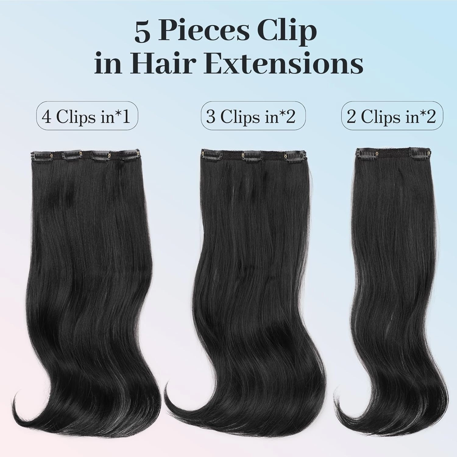 Isaic Clip in Synthetic Hair Extensions Layered Long Wavy 5PCS Thick Hairpieces Black Synthetic Double Weft Natural Hair Extensions 16 Inch for Women