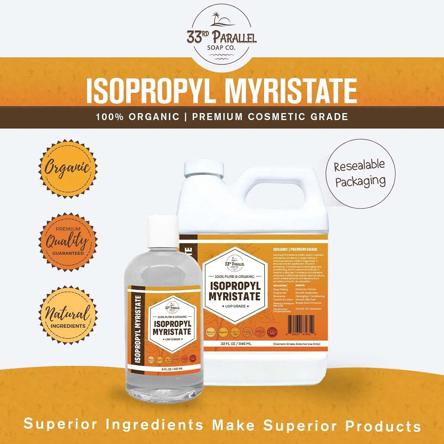 ISOPROPYL MYRISTATE (16 oz) Natural Plant Derived Cosmetic Grade IPM for Soap Making, Fragrances, Shampoo, Creams & Lotion, Makeup & Adhesive Remover, Antiperspirants & Deodorants | 16 Ounces