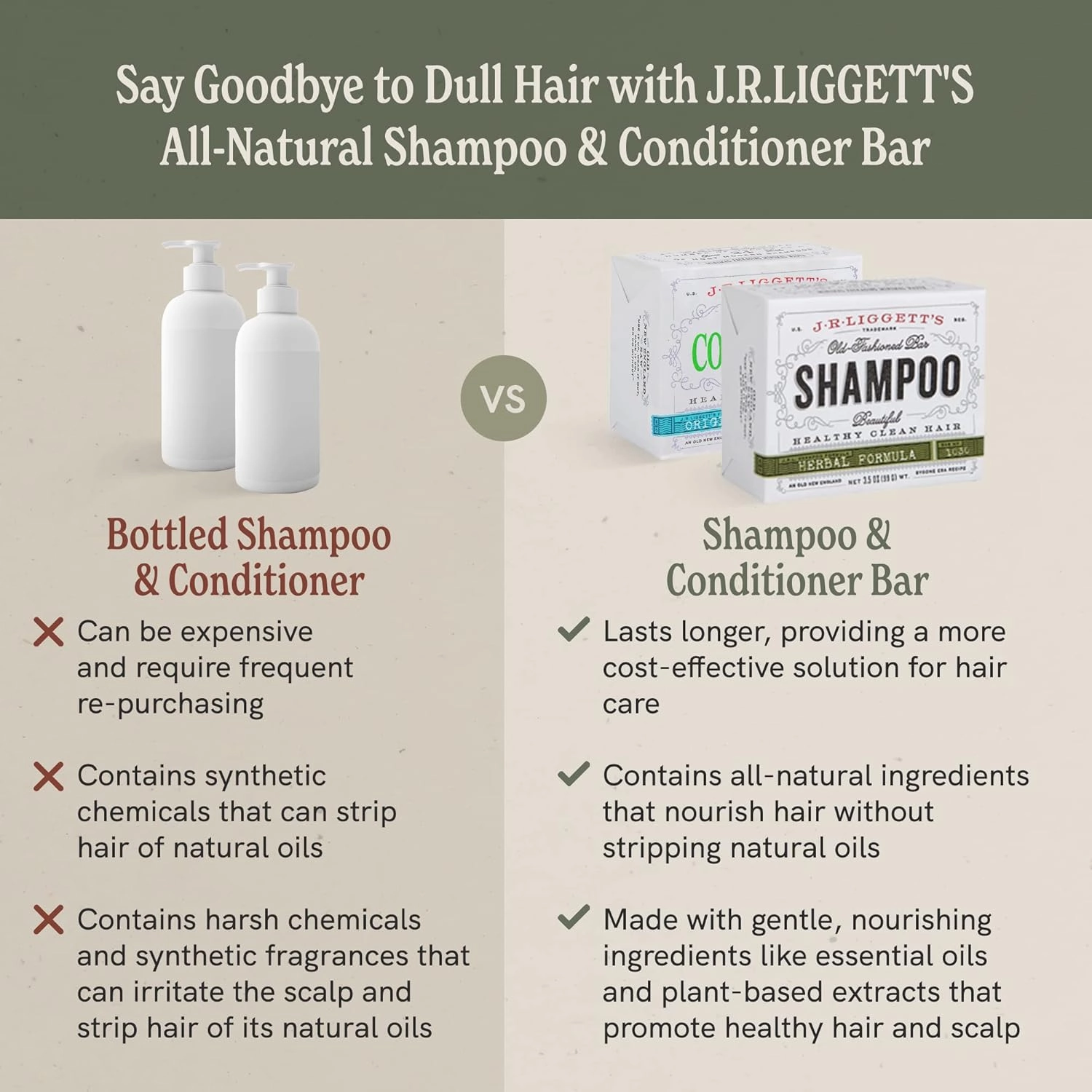 J.R.LIGGETT’S New Conditioner Bar 1.75oz   Two Herbal Formula Shampoo Bars 3.5oz Bundle | Natural Plant-Based Ingredients Leaves Hair Clean, Tangle-Free | Eco-Friendly, Biodegradable, Recyclable | USA