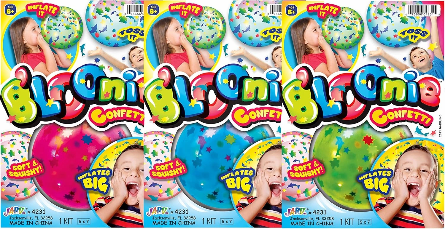 JA-RU Bloonies Large Confetti Plastic Bubbles with Straw (12 Plastic Balloons Assorted) Clear Balloons with Confetti. Old School Toys for Kids. Bulk Pool Party Favors. 4231-12p