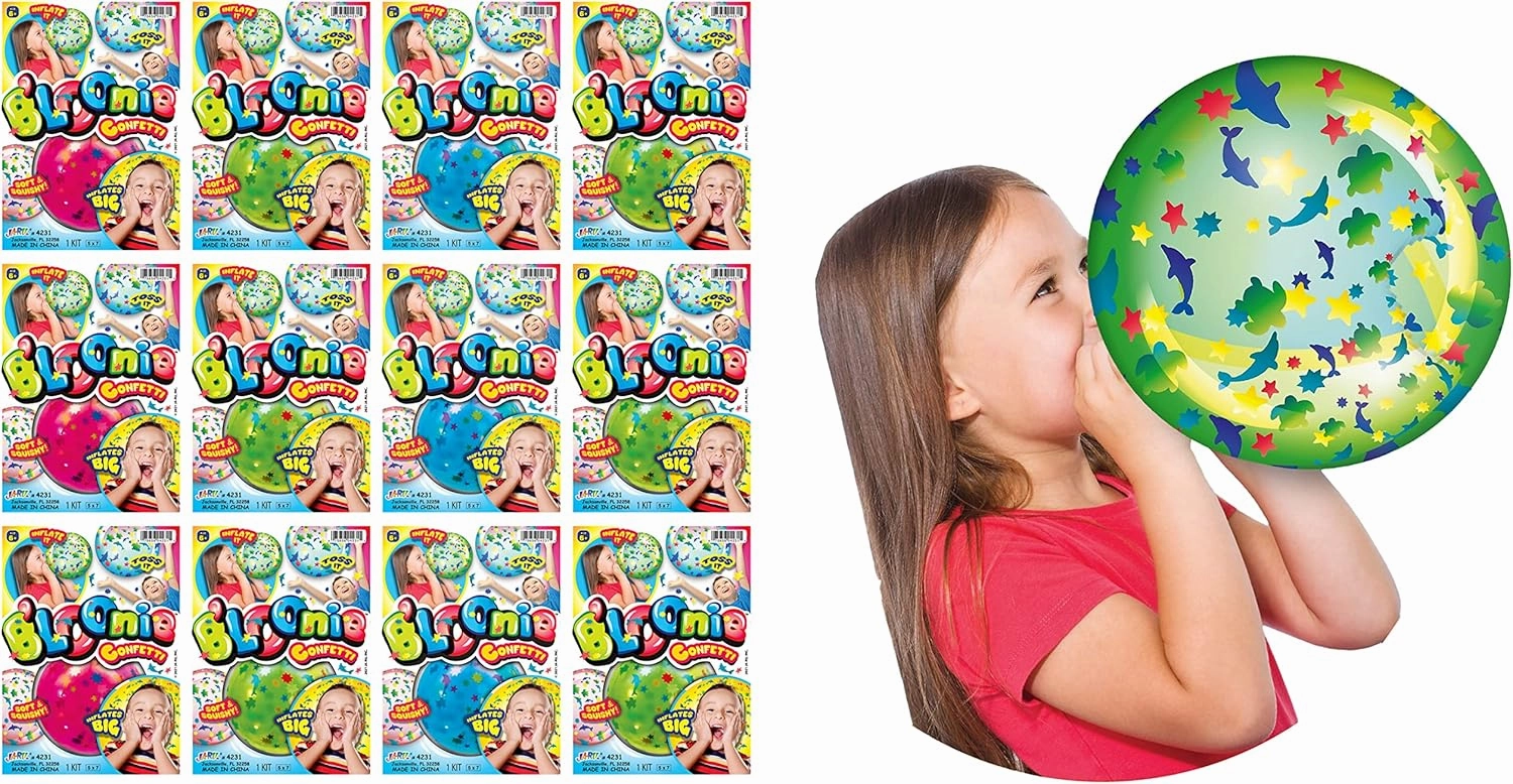 JA-RU Bloonies Large Confetti Plastic Bubbles with Straw (12 Plastic Balloons Assorted) Clear Balloons with Confetti. Old School Toys for Kids. Bulk Pool Party Favors. 4231-12p
