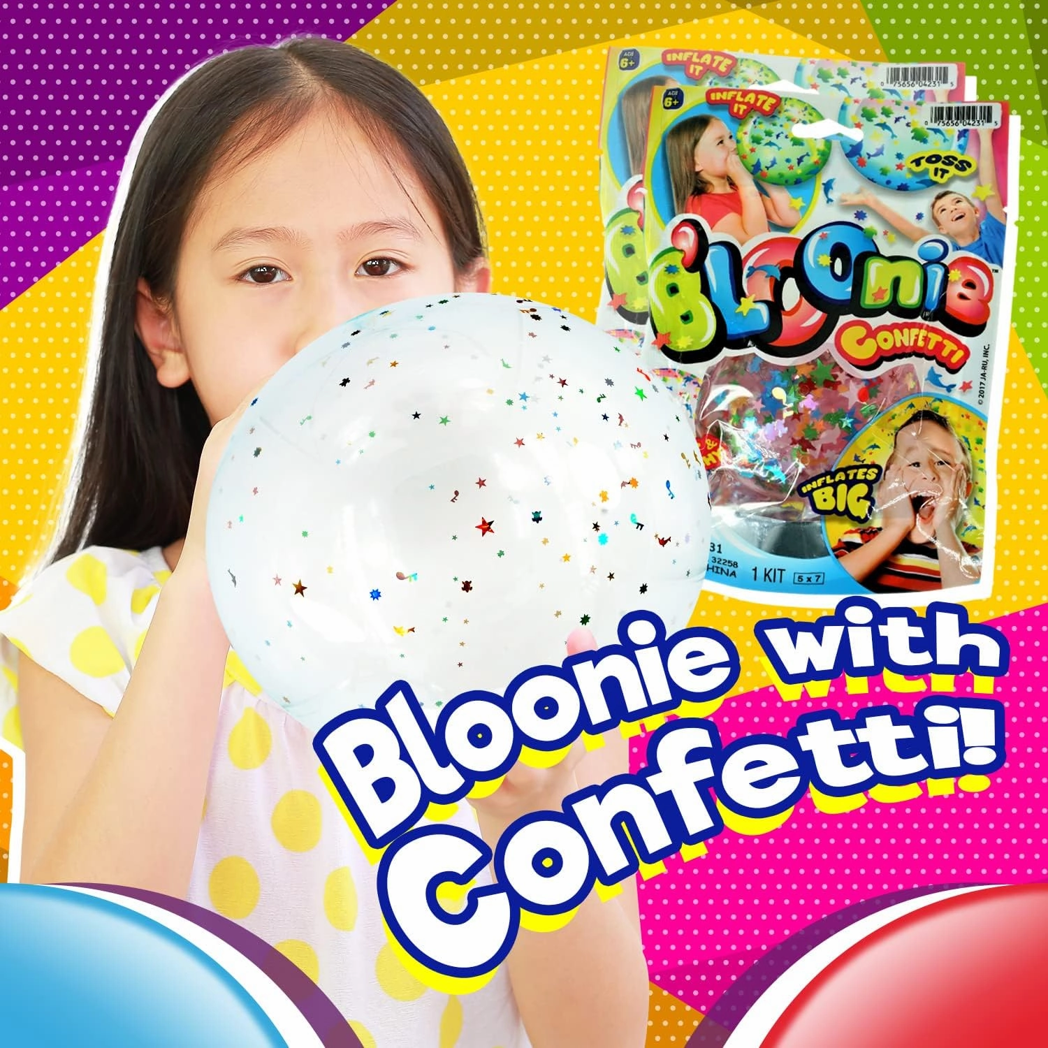JA-RU Bloonies Large Confetti Plastic Bubbles with Straw (12 Plastic Balloons Assorted) Clear Balloons with Confetti. Old School Toys for Kids. Bulk Pool Party Favors. 4231-12p
