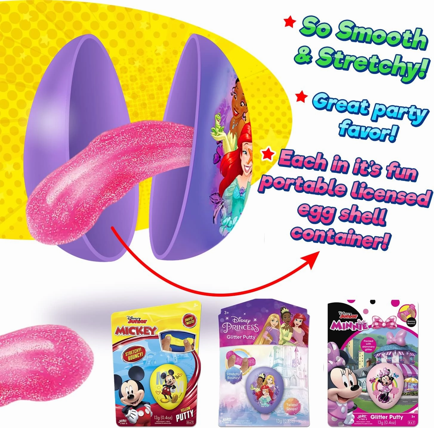 JA-RU Disney Princess & Mickey Mouse Slime Filled Eggs (24 Pack) High Bouncing Putty & Glitter Slime for Kids. Fidget Toys Bulk Easter Eggs Goodie Bag Filler