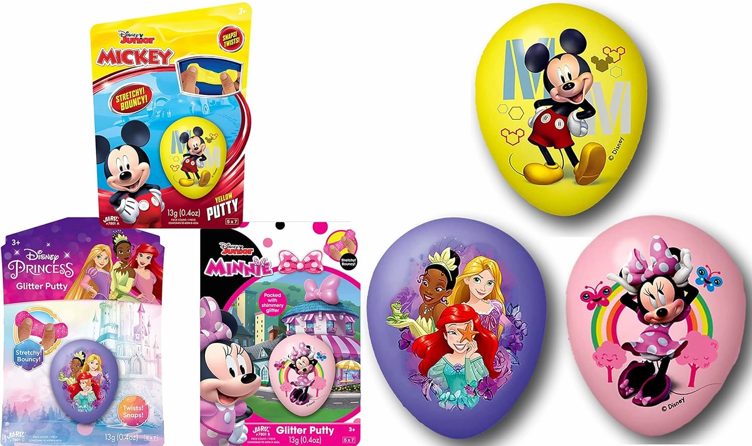 JA-RU Disney Princess & Mickey Mouse Slime Filled Eggs (24 Pack) High Bouncing Putty & Glitter Slime for Kids. Fidget Toys Bulk Easter Eggs Goodie Bag Filler
