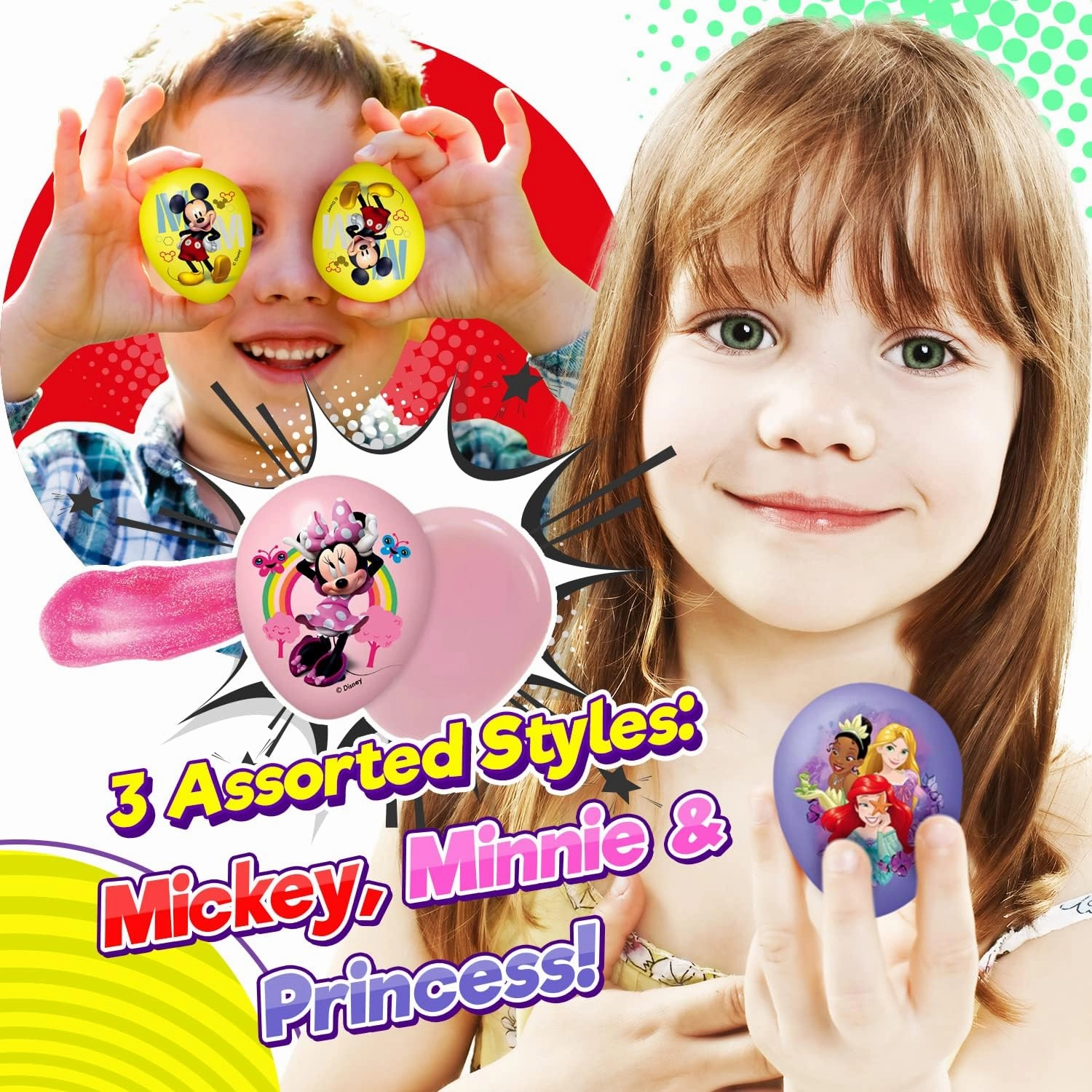 JA-RU Disney Princess & Mickey Mouse Slime Filled Eggs (24 Pack) High Bouncing Putty & Glitter Slime for Kids. Fidget Toys Bulk Easter Eggs Goodie Bag Filler