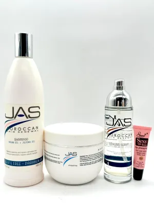 JAS Moroccan Hair Renewal Shampoo and Conditioner 16 Oz   Styling Serum Argan Oil & Jojoba Oil 4 Oz "Free Lip Plumping Gloss 10 ml"