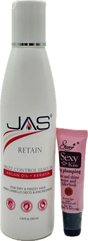 JAS Retain Frizz Control Leave in with Argan Oil   Keratin for Dry & Frizzy hair 8 Oz "Free Lip Pumpling Gloss 10 Ml"