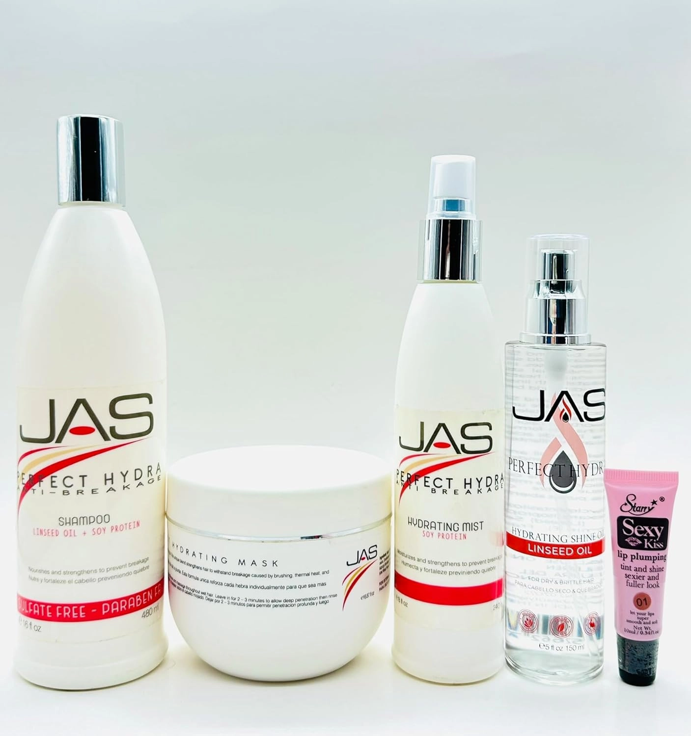 JAS Perfect Hydra Anti-breakage Shampoo & Conditioner 16 oz, Hydrating Mist 8 oz & Serum 5 fl oz with Linseed Oil   Soy Protein "Free Starry Sexy Kiss Lip Plumping 10 Ml“