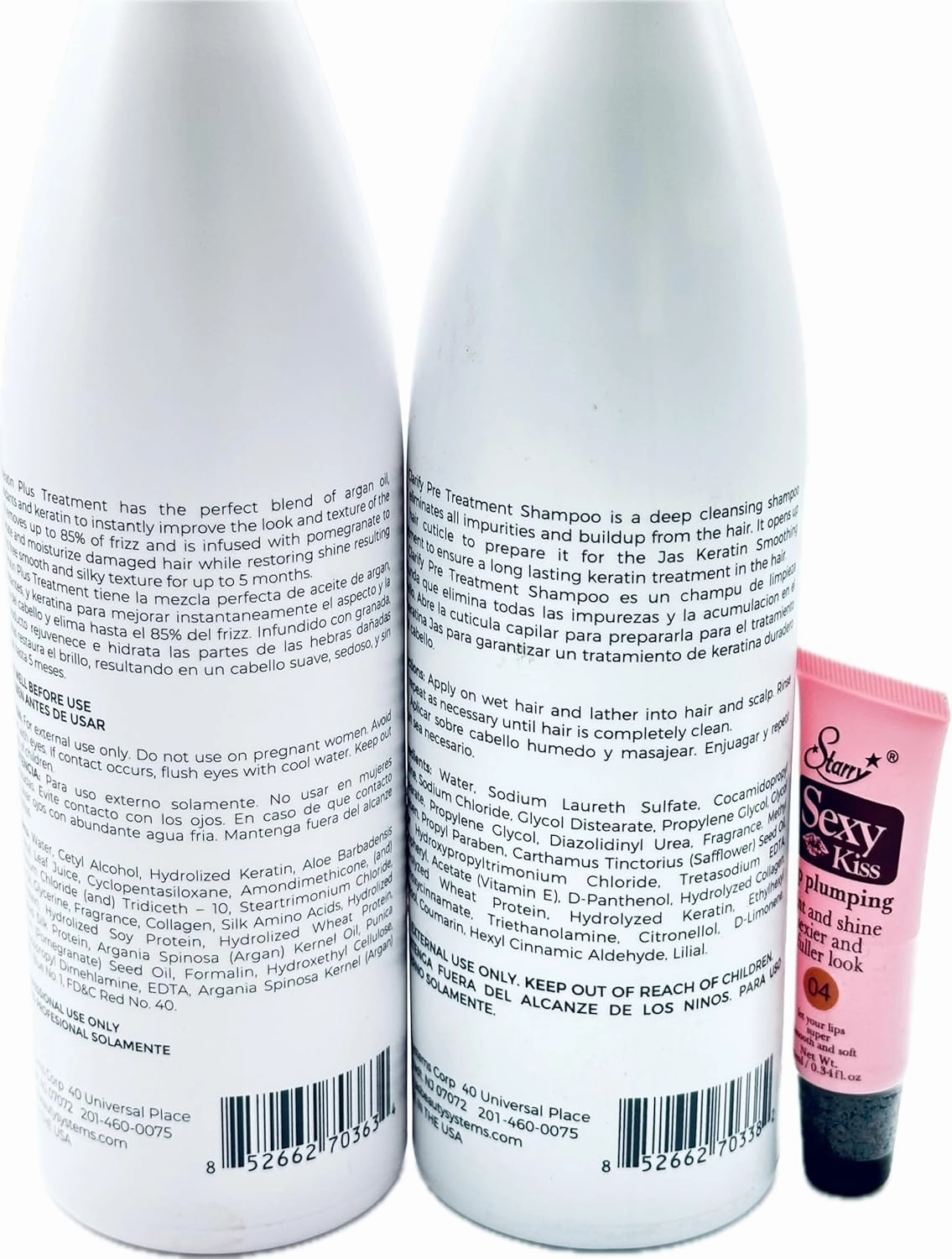JAS Plus Keratin 3 Smoothing Treatment Keratin   Argan Oil and Clarifying Shampoo "Free Starry Sexy Kiss Lip Plumping 10 Ml" (Set /16 fl oz)