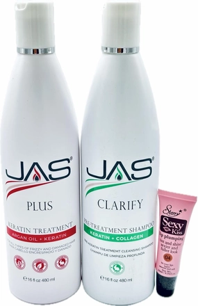 JAS Plus Keratin 3 Smoothing Treatment Keratin   Argan Oil and Clarifying Shampoo "Free Starry Sexy Kiss Lip Plumping 10 Ml" (Set /16 fl oz)