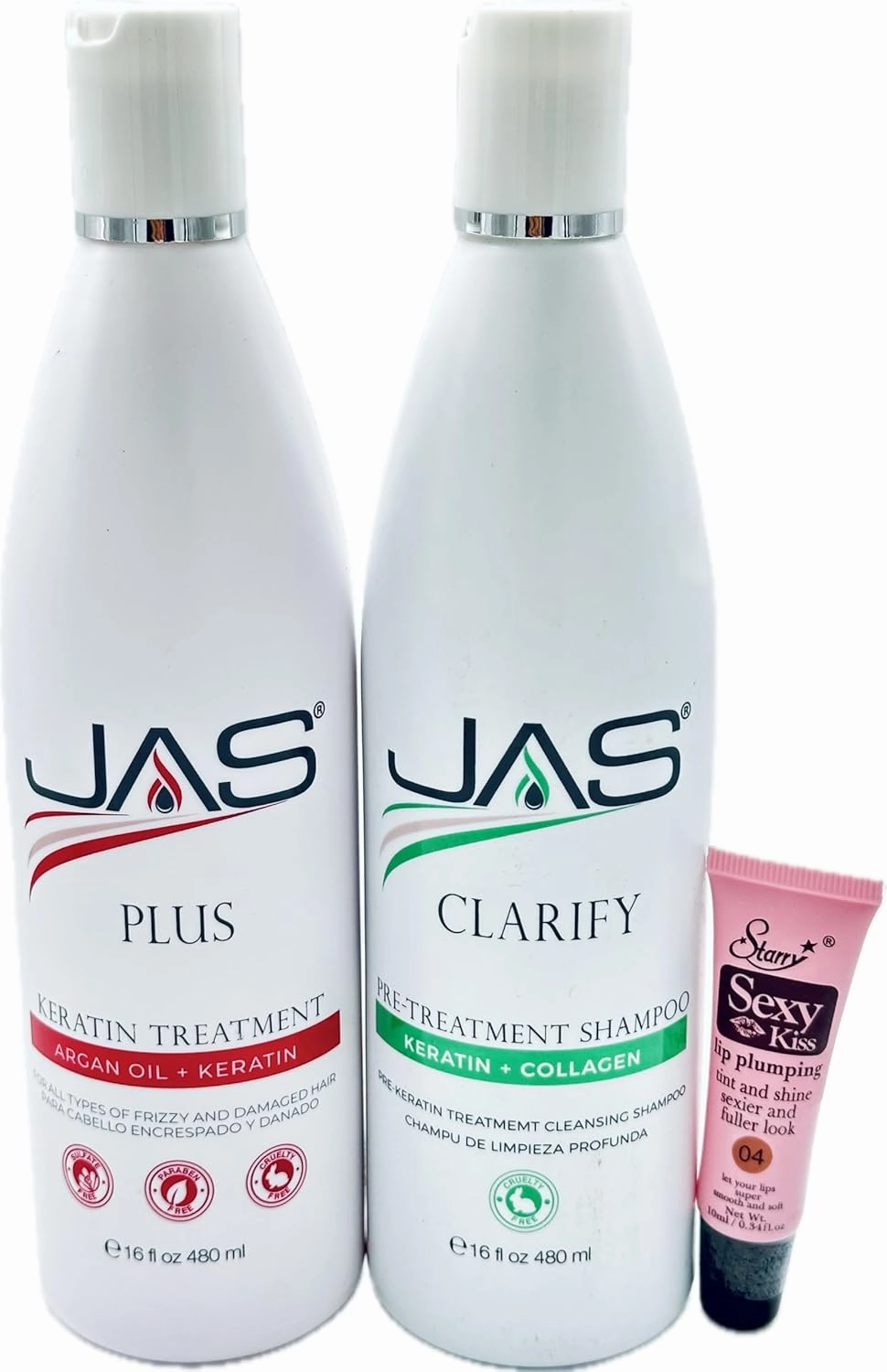 JAS Plus Keratin 3 Smoothing Treatment Keratin   Argan Oil and Clarifying Shampoo "Free Starry Sexy Kiss Lip Plumping 10 Ml" (Set /16 fl oz)