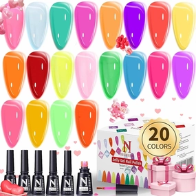Jelly Gel Polish, 20 Colors Trendy Neon Jelly Gel Nail Polish Kit Glossy Crystal Transparent Gel Polish Nude Pink Purple Green Blue Yellow Red Colors Jelly Nail Polish Set Soak Off UV LED