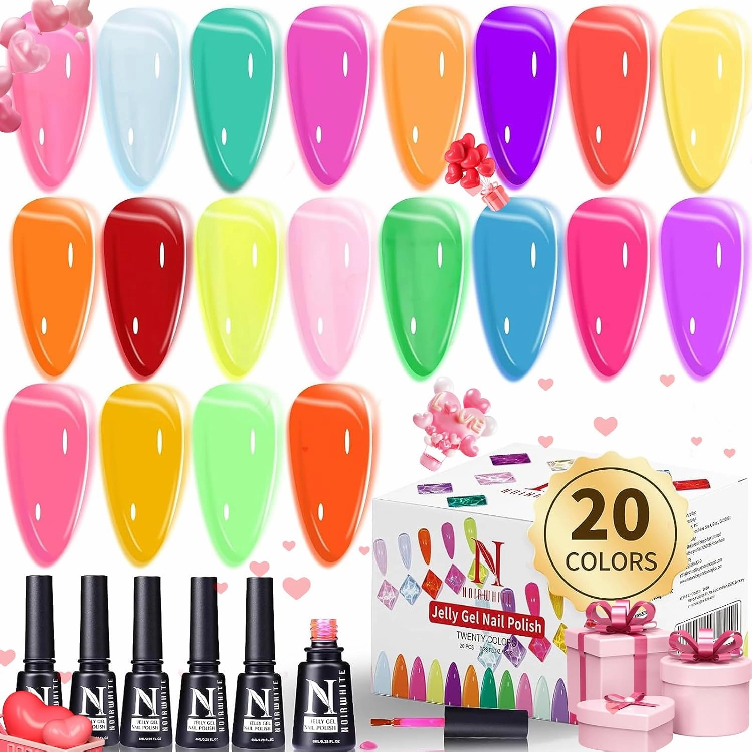 Jelly Gel Polish, 20 Colors Trendy Neon Jelly Gel Nail Polish Kit Glossy Crystal Transparent Gel Polish Nude Pink Purple Green Blue Yellow Red Colors Jelly Nail Polish Set Soak Off UV LED