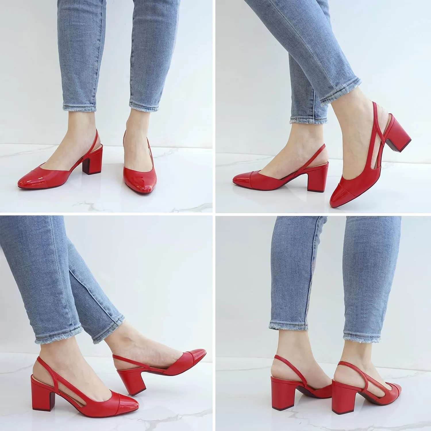 JENN ARDOR Closed Toe Chunky Heels Slingback Pumps Block Dress Shoes Women Comfort Classic Splicing Pointy Cap Toe Low Heels Sandals 2.5 inch for Wedding