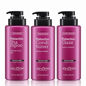 Jenoris Pistachio Shampoo, Conditioner & Glaze Gel – Moisturizing & Styling Trio for Dry & Color-Treated Hair, Infused with Pistachio Oil, Paraben & SLS Free, Salon Haircare